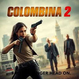 A cinematic and realistic movie poster for "Colombiana 2" featuring a powerful and determined woman in dynamic action