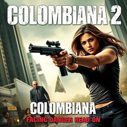 A cinematic and realistic movie poster for "Colombiana 2" featuring a powerful and determined woman in dynamic action