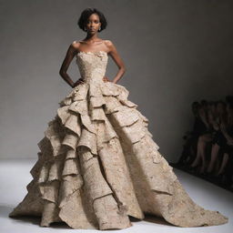 A unique and sophisticated gown made entirely from recycled paper. The ensemble should express creativity, demonstrating the potential of reused materials in high fashion.