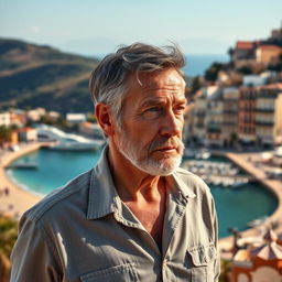 A contemplative 50-year-old widower at a crossroads in life, deciding between staying in sunny California or moving to Nice, France with his new love