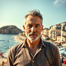 A clean-shaven 50-year-old widower is at a crucial crossroads in life, deciding between staying in sunny California or moving to Nice, France with his new love