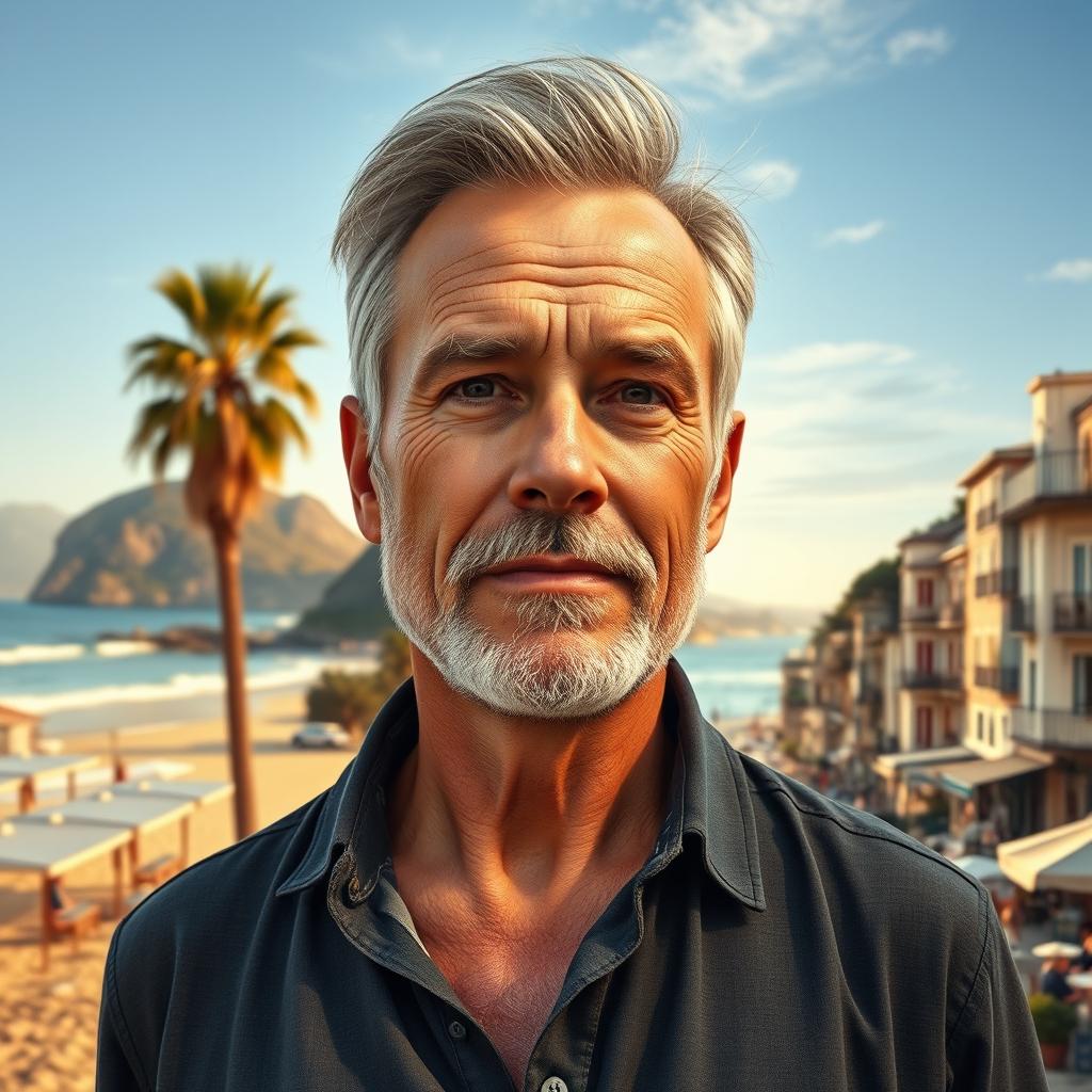 A clean-shaven 50-year-old widower is at a crucial crossroads in life, deciding between staying in sunny California or moving to Nice, France with his new love