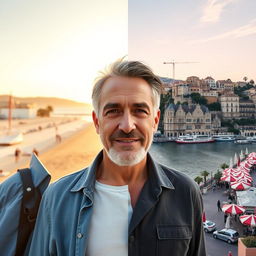 A clean-shaven 50-year-old widower is at a crucial crossroads in life, deciding between staying in sunny California or moving to Nice, France with his new love