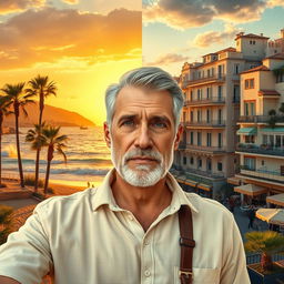 A clean-shaven 50-year-old widower is at a crucial crossroads in life, deciding between staying in sunny California or moving to Nice, France with his new love