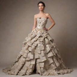 A unique and sophisticated gown made entirely from recycled paper. The ensemble should express creativity, demonstrating the potential of reused materials in high fashion.