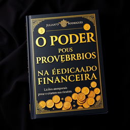 A luxurious book cover titled 'O PODER DOS PROVÉRBIOS NA EDUCAÇÃO FINANCEIRA' with a subtitle 'Lições atemporais para criar e manter sua riqueza' written by Juliano Rodrigues