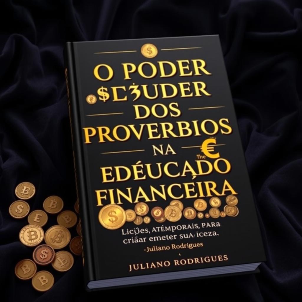 A luxurious book cover titled 'O PODER DOS PROVÉRBIOS NA EDUCAÇÃO FINANCEIRA' with a subtitle 'Lições atemporais para criar e manter sua riqueza' written by Juliano Rodrigues