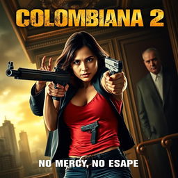 A cinematic and realistic movie poster for "Colombiana 2" featuring a fierce and determined woman in the midst of action