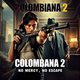 A cinematic and realistic movie poster for "Colombiana 2" featuring a fierce and determined woman in the midst of action