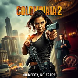 A cinematic and realistic movie poster for "Colombiana 2" featuring a fierce and determined woman in the midst of action