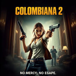 A cinematic and realistic movie poster for "Colombiana 2" featuring a fierce and determined woman in the midst of action