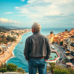 A thoughtful 50-year-old widower stands at a pivotal moment, deciding between his established life in California and a new beginning in Nice, France, with his newfound love