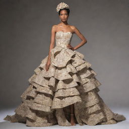 A unique and sophisticated gown made entirely from recycled paper. The ensemble should express creativity, demonstrating the potential of reused materials in high fashion.