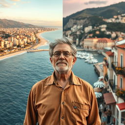 A thoughtful 50-year-old widower stands at a pivotal moment, deciding between his established life in California and a new beginning in Nice, France, with his newfound love