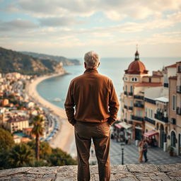 A thoughtful 50-year-old widower stands at a pivotal moment, deciding between his established life in California and a new beginning in Nice, France, with his newfound love