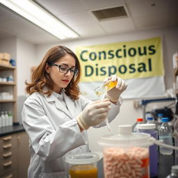 A woman in a chemistry lab carefully disposing of medications in an environmentally safe manner, emphasizing her consciousness towards environmental responsibility