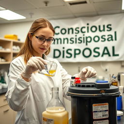 A woman in a chemistry lab carefully disposing of medications in an environmentally safe manner, emphasizing her consciousness towards environmental responsibility