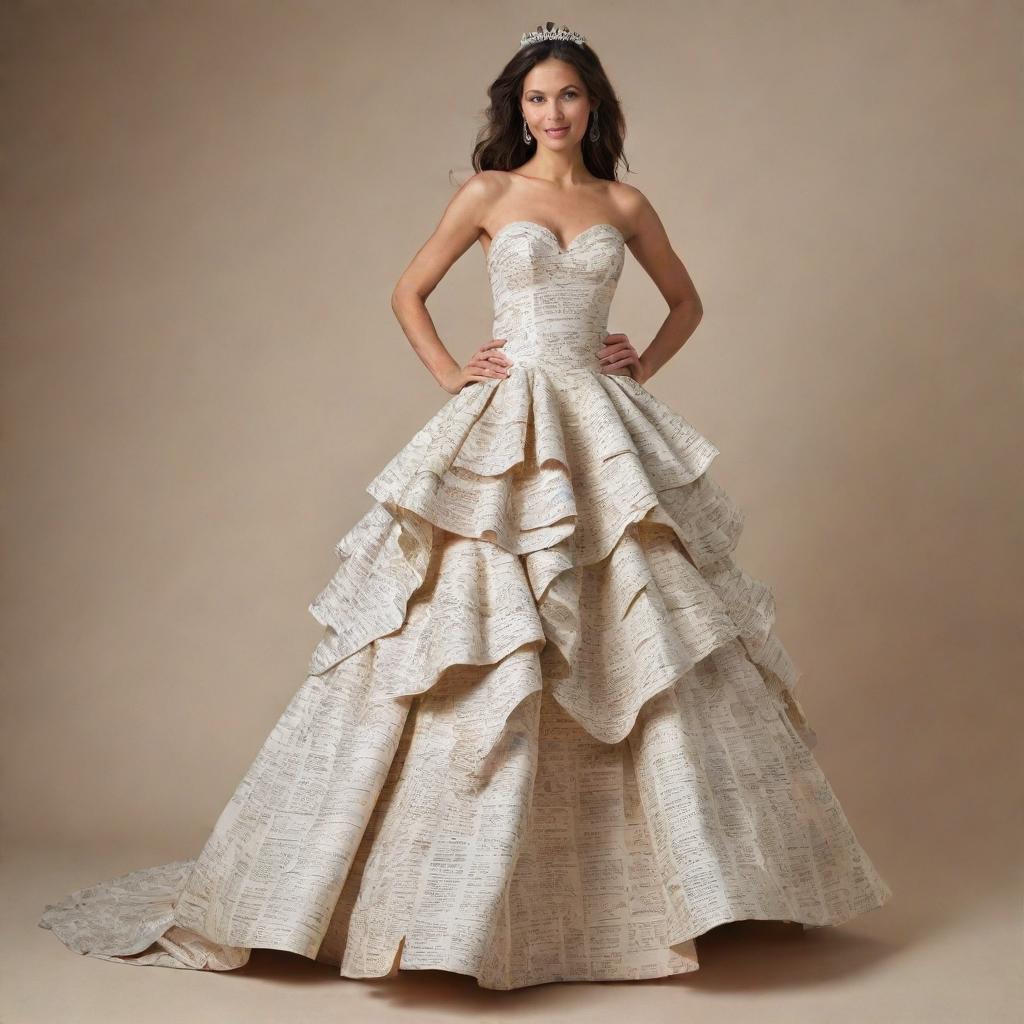 An animated, easy-to-create gown made from recycled paper. The design should be simple yet elegant, highlighting the creative ways to reuse paper while maintaining a touch of whimsy.