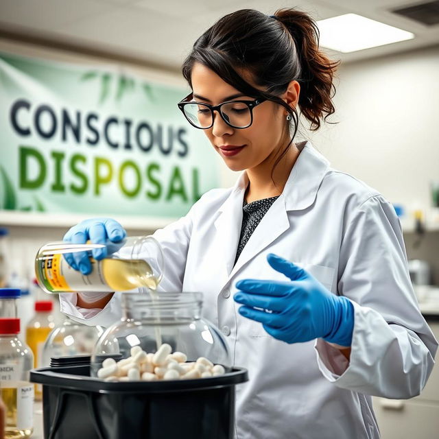 A woman in a chemistry lab carefully disposing of medications in an environmentally safe manner, emphasizing her consciousness towards environmental responsibility