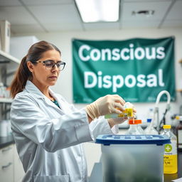 A woman in a chemistry lab carefully disposing of medications in an environmentally safe manner, emphasizing her consciousness towards environmental responsibility