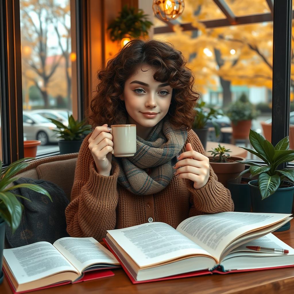 teenage girl sitting in a cozy cafe, sipping a cup of coffee, while reading a novel