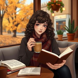 teenage girl sitting in a cozy cafe, sipping a cup of coffee, while reading a novel