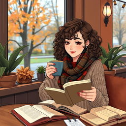 teenage girl sitting in a cozy cafe, sipping a cup of coffee, while reading a novel