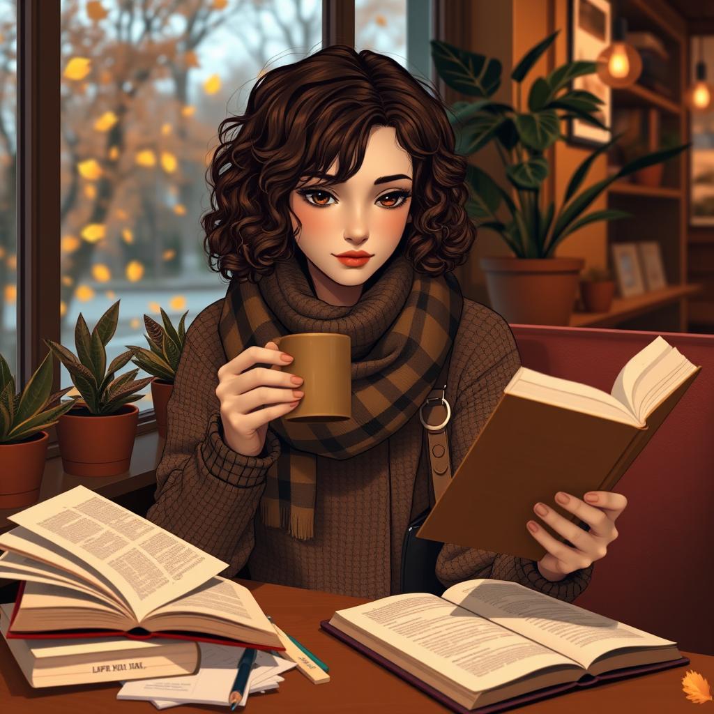 teenage girl sitting in a cozy cafe, sipping a cup of coffee, while reading a novel