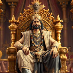 King Yudhishthira, the ruler of Indraprastha, seated majestically on a grand throne