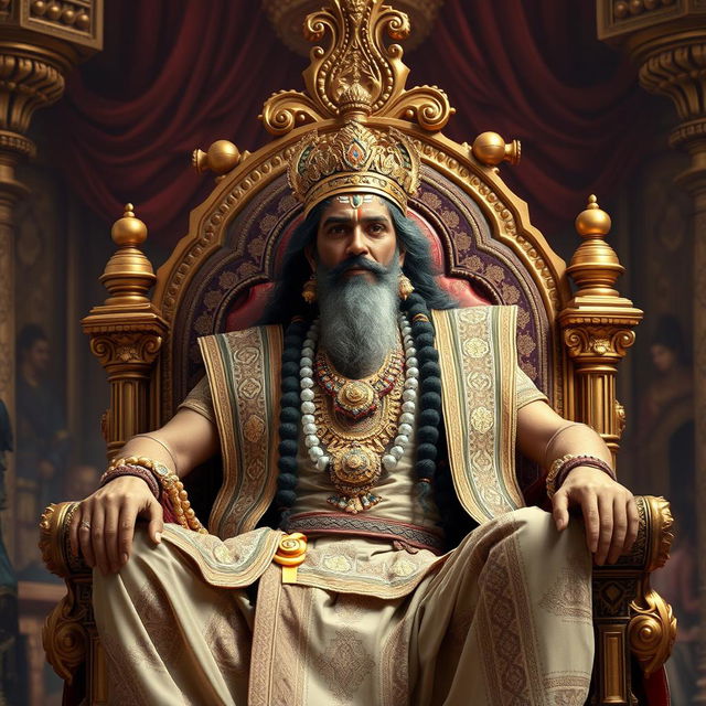 King Yudhishthira, the ruler of Indraprastha, seated majestically on a grand throne