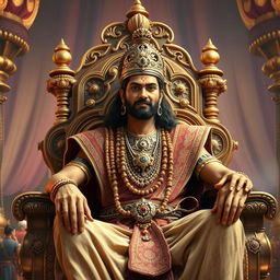 King Yudhishthira, the ruler of Indraprastha, seated majestically on a grand throne