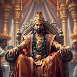 King Yudhishthira, the ruler of Indraprastha, seated majestically on a grand throne