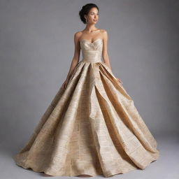 An animated, easy-to-create gown made from recycled paper. The design should be simple yet elegant, highlighting the creative ways to reuse paper while maintaining a touch of whimsy.