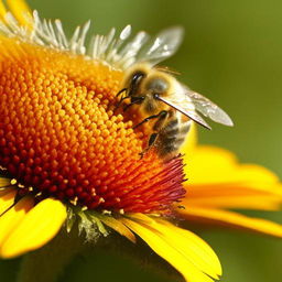 Detailed illustration of pollination featuring vibrant flowers, busy bees collecting pollen, and a soft breeze dispersing pollen in the air.