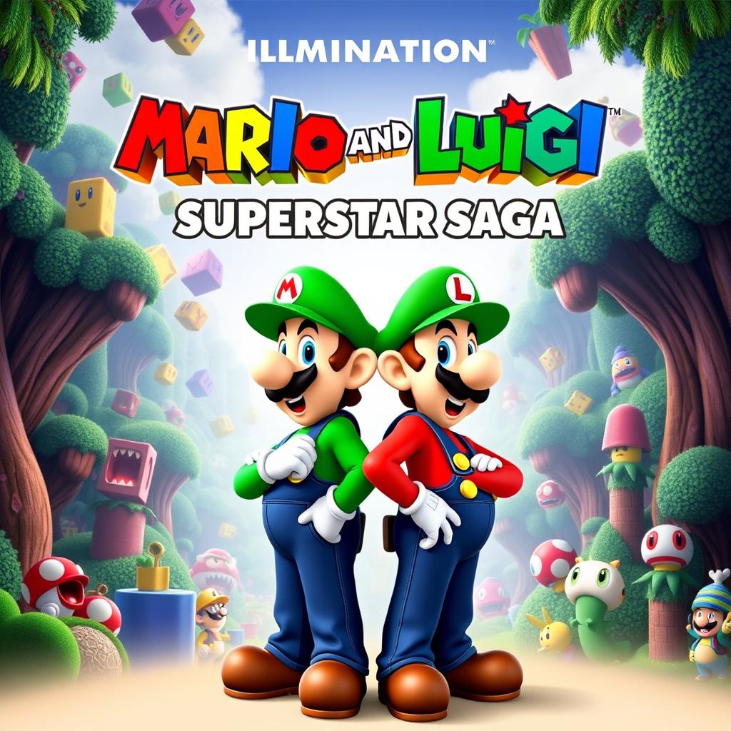 A vibrant and eye-catching movie poster for the film "Mario and Luigi Superstar Saga by Illumination