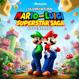 A vibrant and eye-catching movie poster for the film "Mario and Luigi Superstar Saga by Illumination