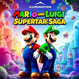 A vibrant and eye-catching movie poster for the film "Mario and Luigi Superstar Saga by Illumination