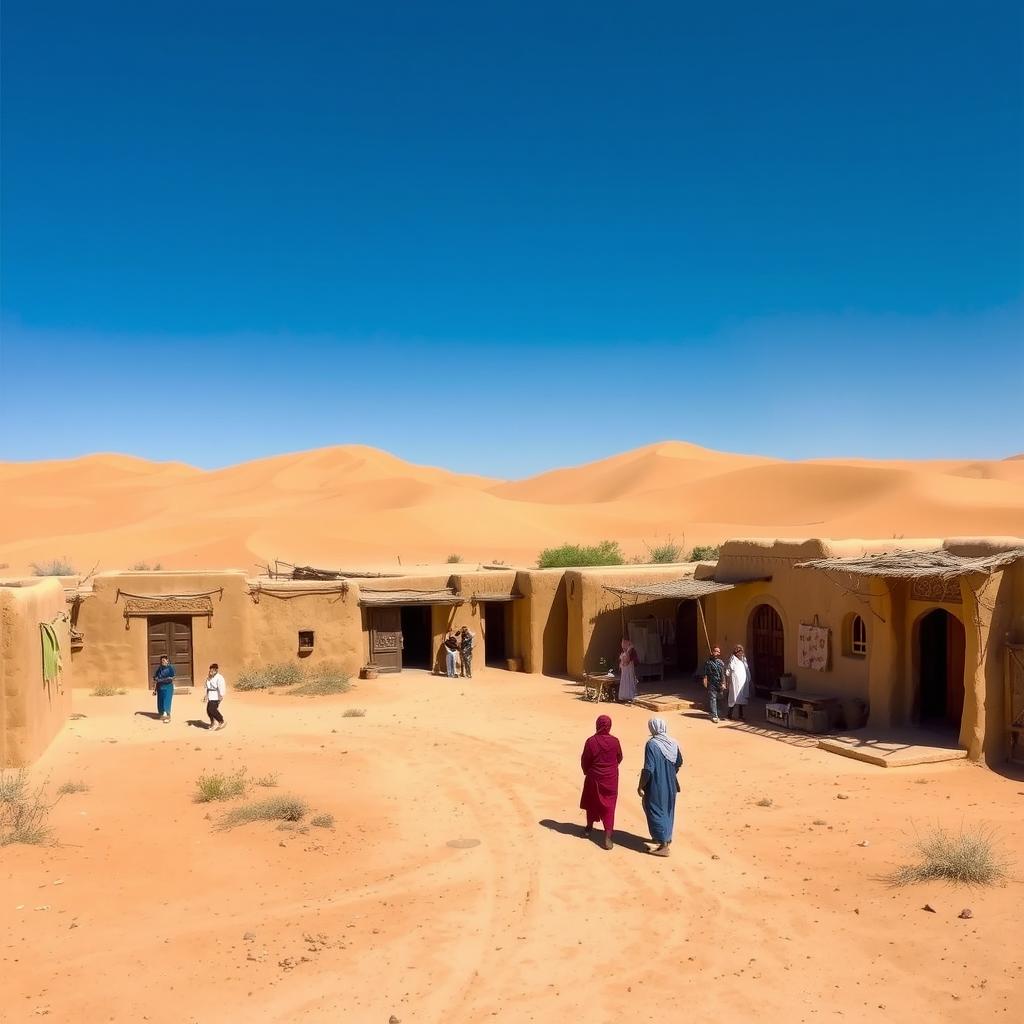 A desert-like village scene, featuring rustic adobe structures and sandy pathways