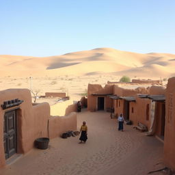 A desert-like village scene, featuring rustic adobe structures and sandy pathways