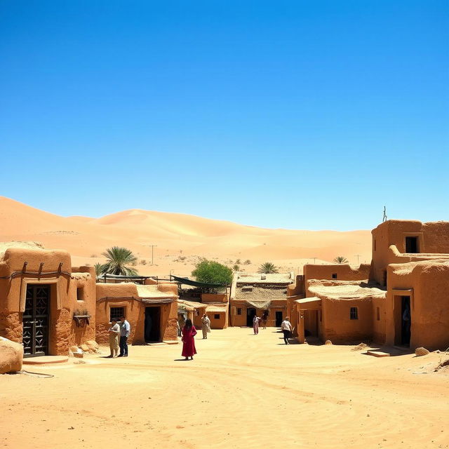 A desert-like village scene, featuring rustic adobe structures and sandy pathways