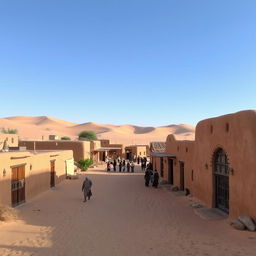 A desert-like village scene, featuring rustic adobe structures and sandy pathways