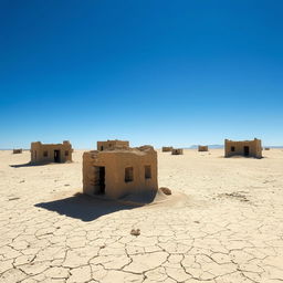 A deserted village scene with small, ruined buildings scattered across a landscape of crusty sand