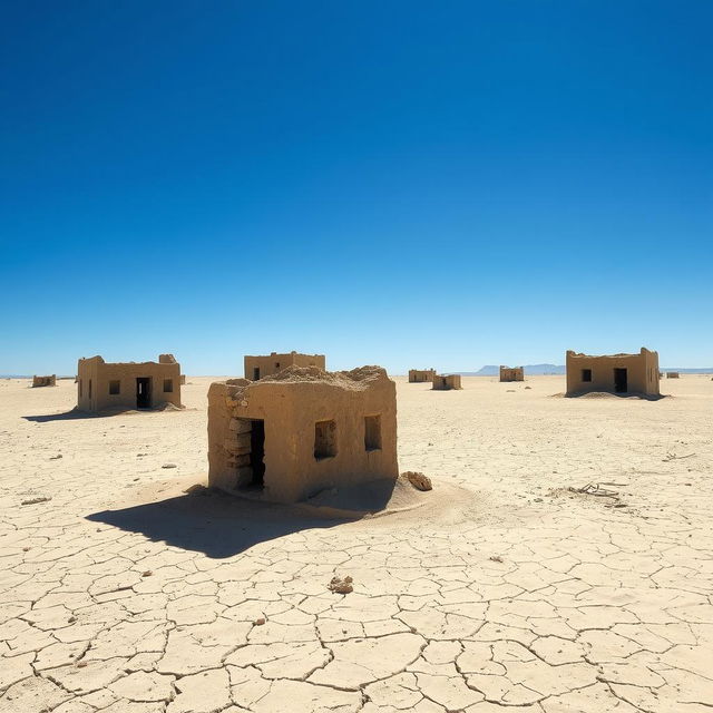 A deserted village scene with small, ruined buildings scattered across a landscape of crusty sand