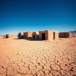 A deserted village scene with small, ruined buildings scattered across a landscape of crusty sand