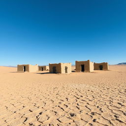 A deserted village scene with small, ruined buildings scattered across a landscape of crusty sand