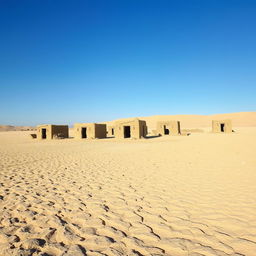 A deserted village scene with small, ruined buildings scattered across a landscape of crusty sand