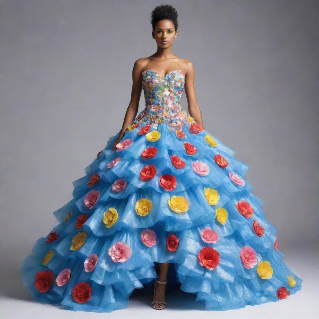 An animated, easy-to-construct gown made entirely from recycled plastic. The design should be simple, but highly stylish, showcasing inventive methods of reusing plastic in a playful and whimsical fashion context.