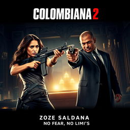 A cinematic and realistic movie poster for "Colombiana 2" featuring Zoe Saldana in a dynamic and intense action scene