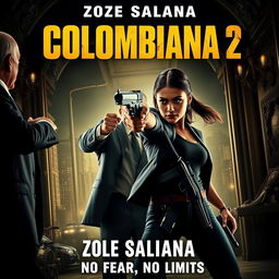 A cinematic and realistic movie poster for "Colombiana 2" featuring Zoe Saldana in a dynamic and intense action scene