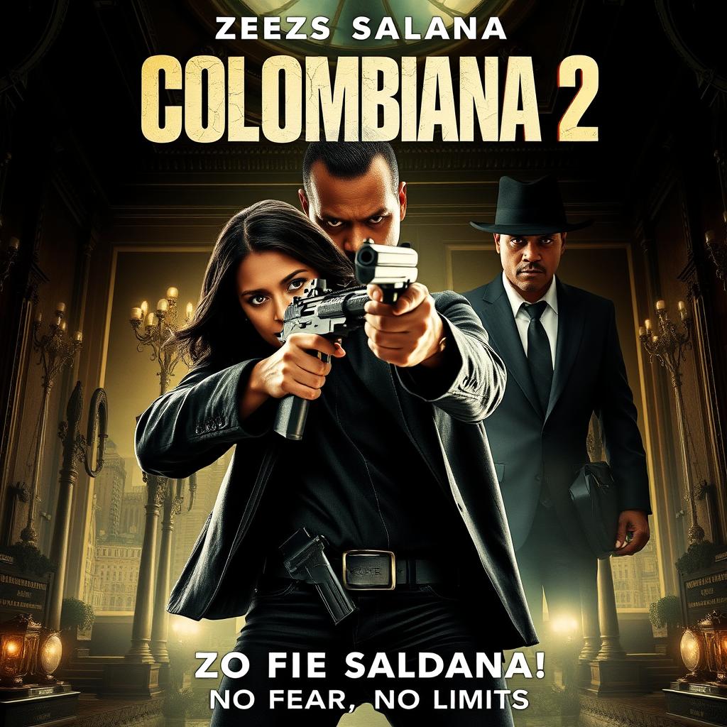 A cinematic and realistic movie poster for "Colombiana 2" featuring Zoe Saldana in a dynamic and intense action scene